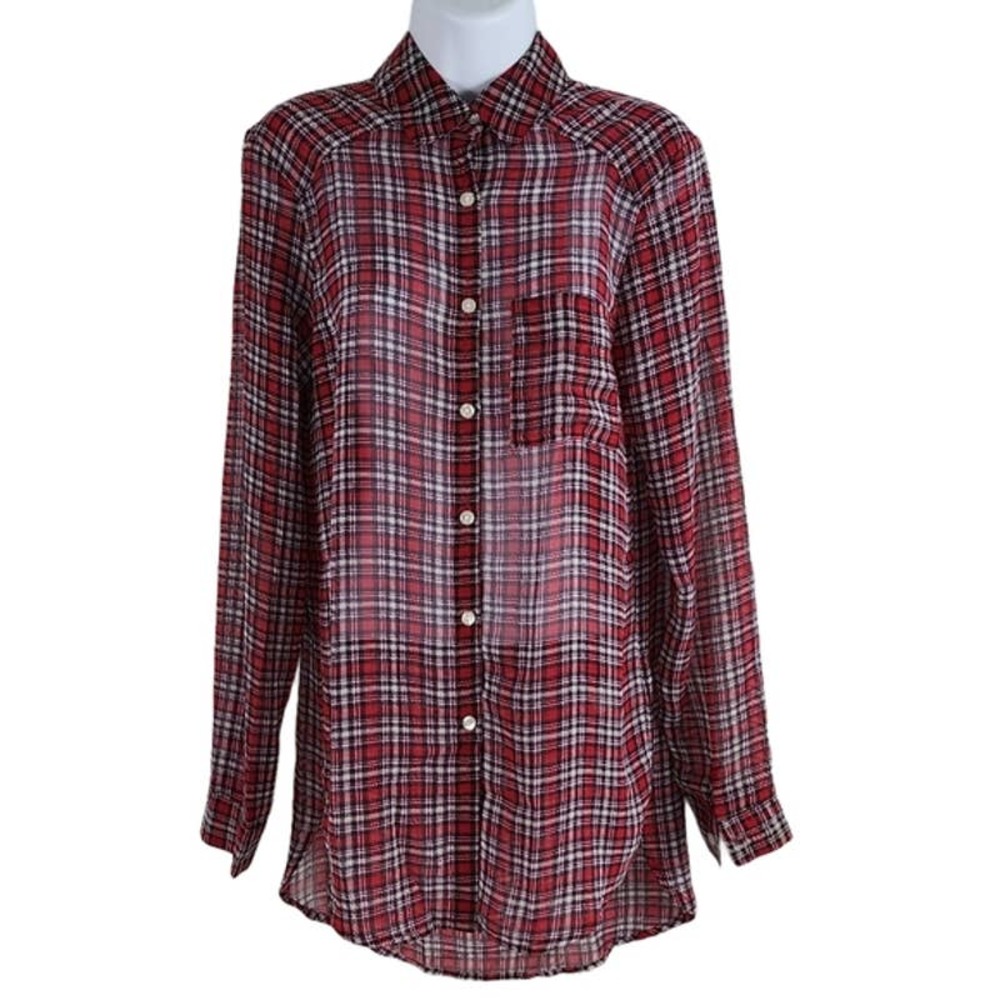 Olsenboye Semi Sheer Top Button Up Plaid Hi Lo Red